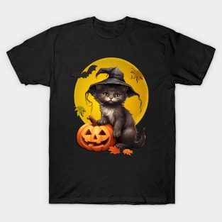 Black Cat In Witch Hat Harvest Moon Halloween T-Shirt